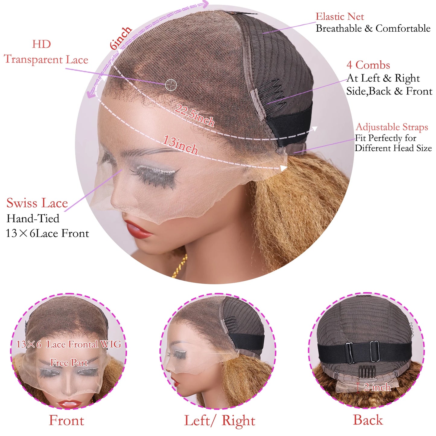 4/27 Highlight Kinky Straight 13x6 Lace Frontal Human Hair Wigs 200% Brown Blonde Piano Color 13x4 Front Wig PrePlucked Yaki Wig