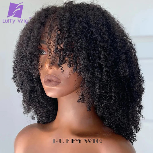 Short Afro Kinky Curly Wig with Bangs Human Hair Scalp Top Full Machine Made Wig Remy Brazilian Afro Curly Wig Fringe 200Density