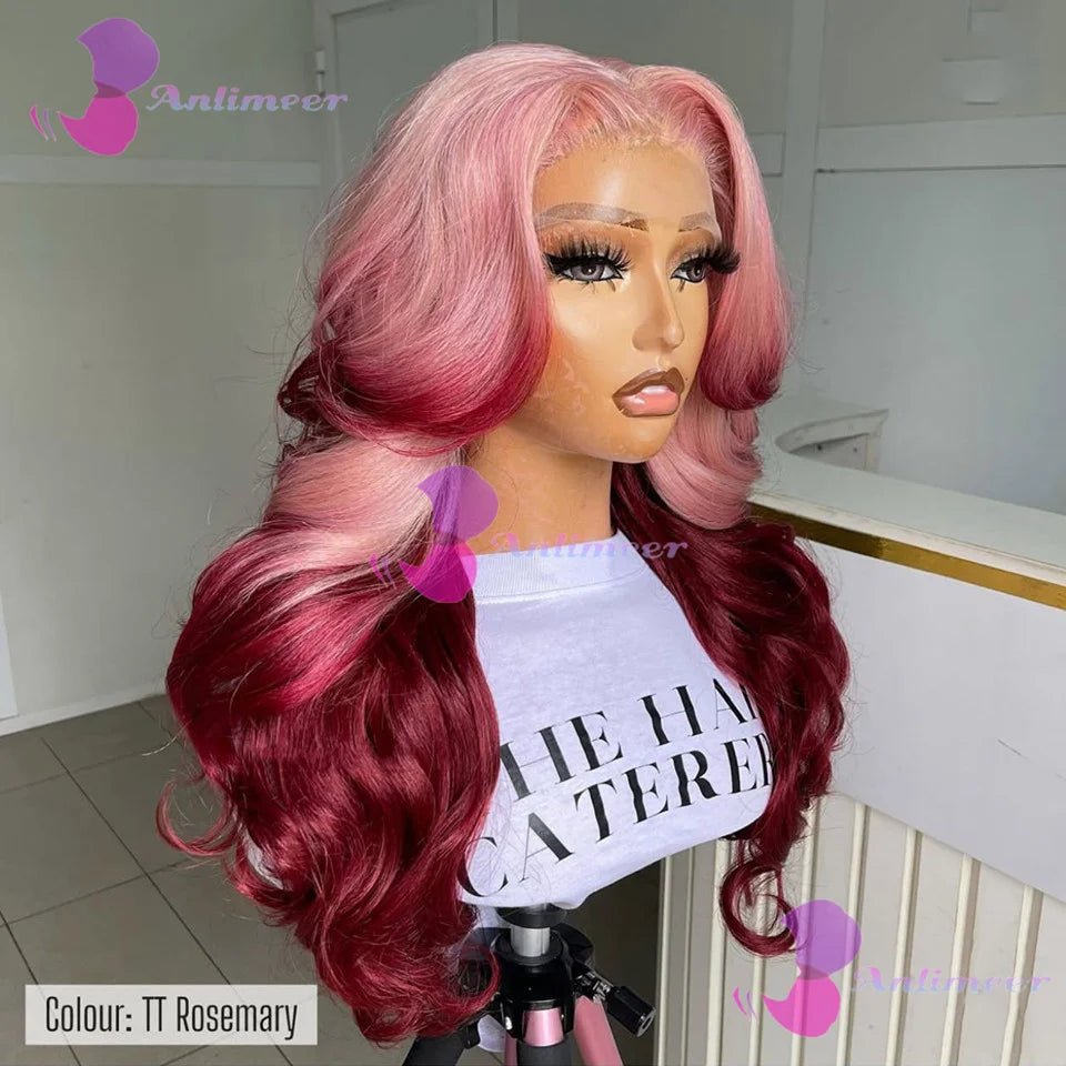 Ombre Pink Rosemary Colored Human Hair Body Wavy Glueless 13x4 Lace Front Wigs #613 Made Pre Plucked 180% Density Full Lace Wigs