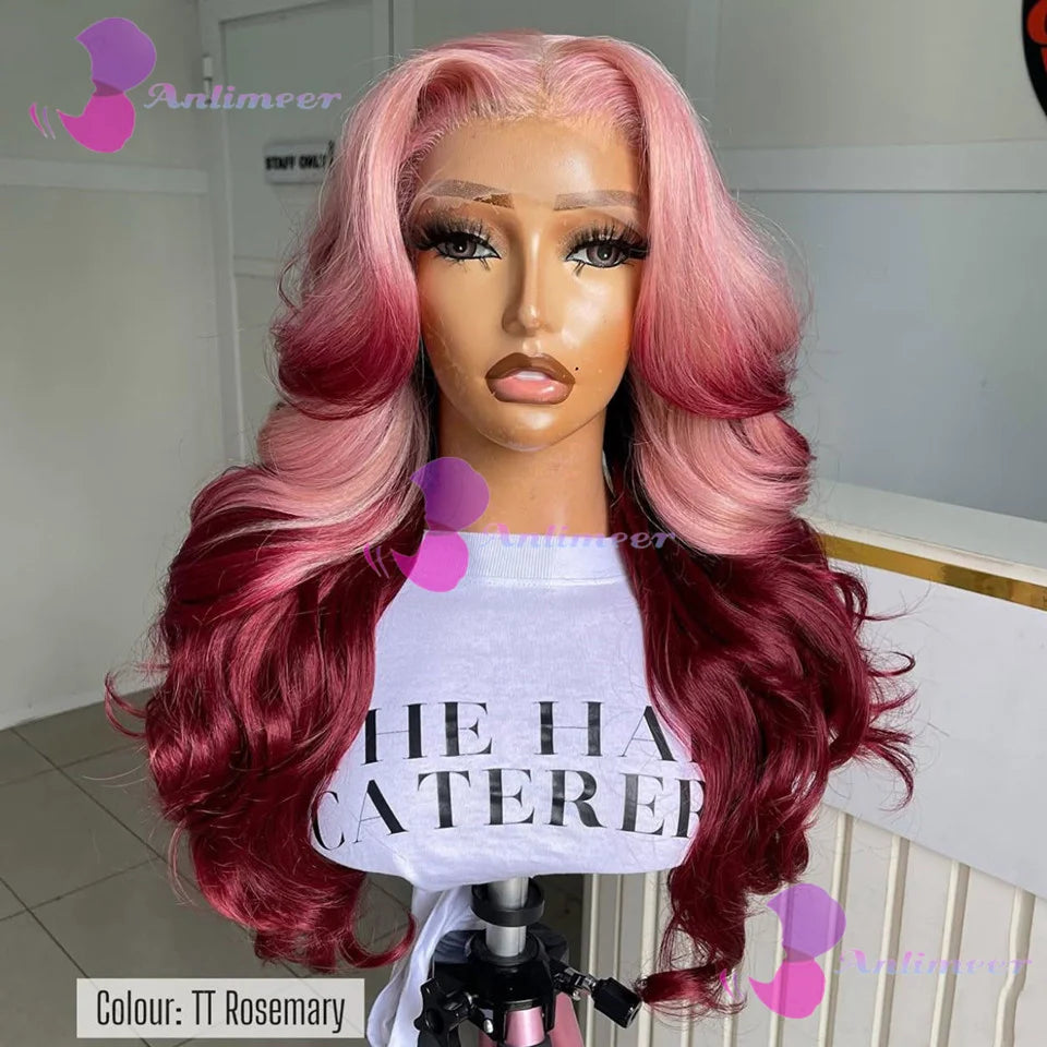 Ombre Pink Rosemary Colored Human Hair Body Wavy Glueless 13x4 Lace Front Wigs #613 Made Pre Plucked 180% Density Full Lace Wigs