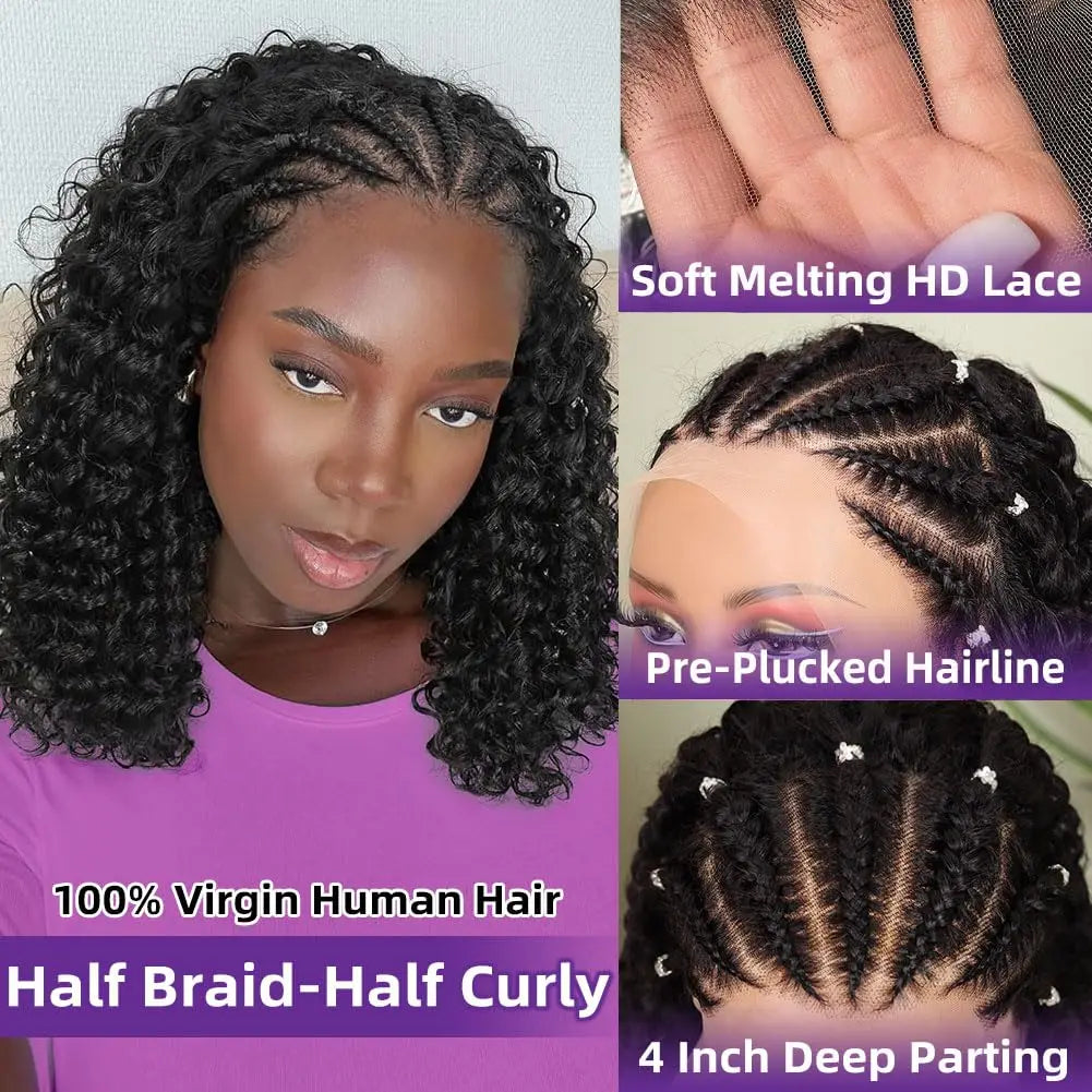 Cornrow Braid Bob Wig Deep Curly Brazilian Human Hair Knotless 13x4 Full Lace Wigs Pre Braided Boho Box Braids Wig For Women