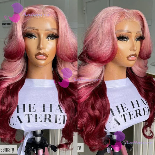 Ombre Pink Rosemary Colored Human Hair Body Wavy Glueless 13x4 Lace Front Wigs #613 Made Pre Plucked 180% Density Full Lace Wigs