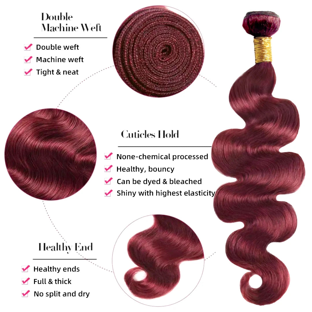 2/3/4 Bundles With Frontal Body Wave Highlight Burgundy #99J Human Hair 13x4 Lace Front With 3 Bundles Brazilian Hair For Women