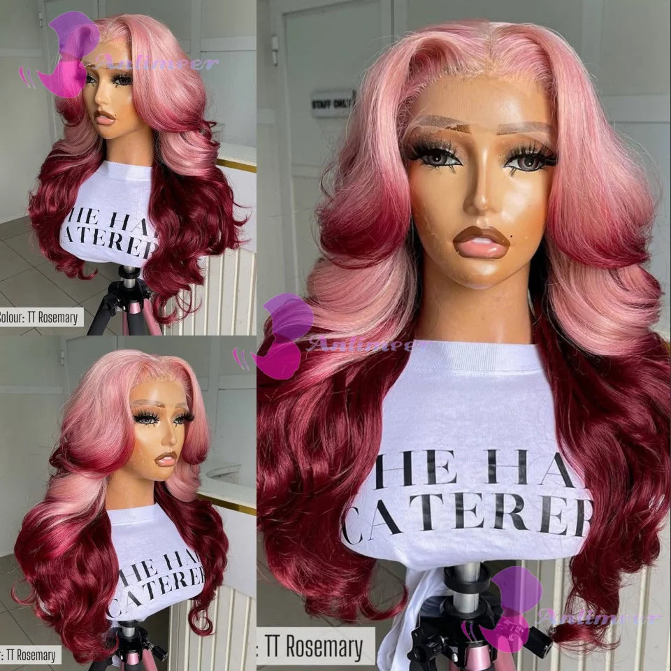Ombre Pink Rosemary Colored Human Hair Body Wavy Glueless 13x4 Lace Front Wigs #613 Made Pre Plucked 180% Density Full Lace Wigs