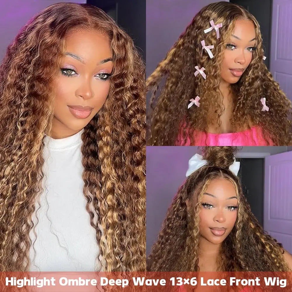 Highlight Ombre Human Hair Wigs P4/27 Honey Blonde 13x4 13x6 Deep Wave Lace Front Wigs Human Hair For Women Pre Plucked Colored