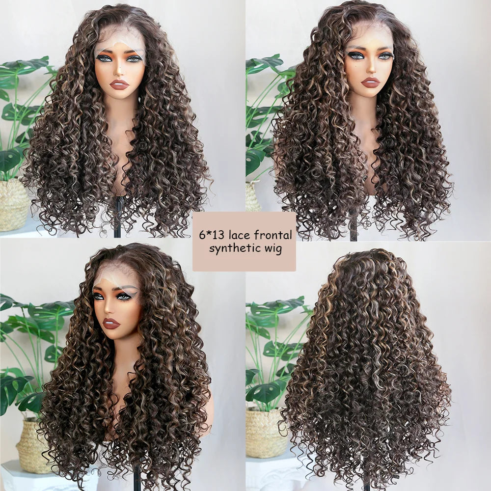 Kinky Curly Synthetic Wig 13x6 Lace Frontal Wig Highlight Brown 26" Synthetic Lace Wigs with Pre Plucked Baby Hair for Women