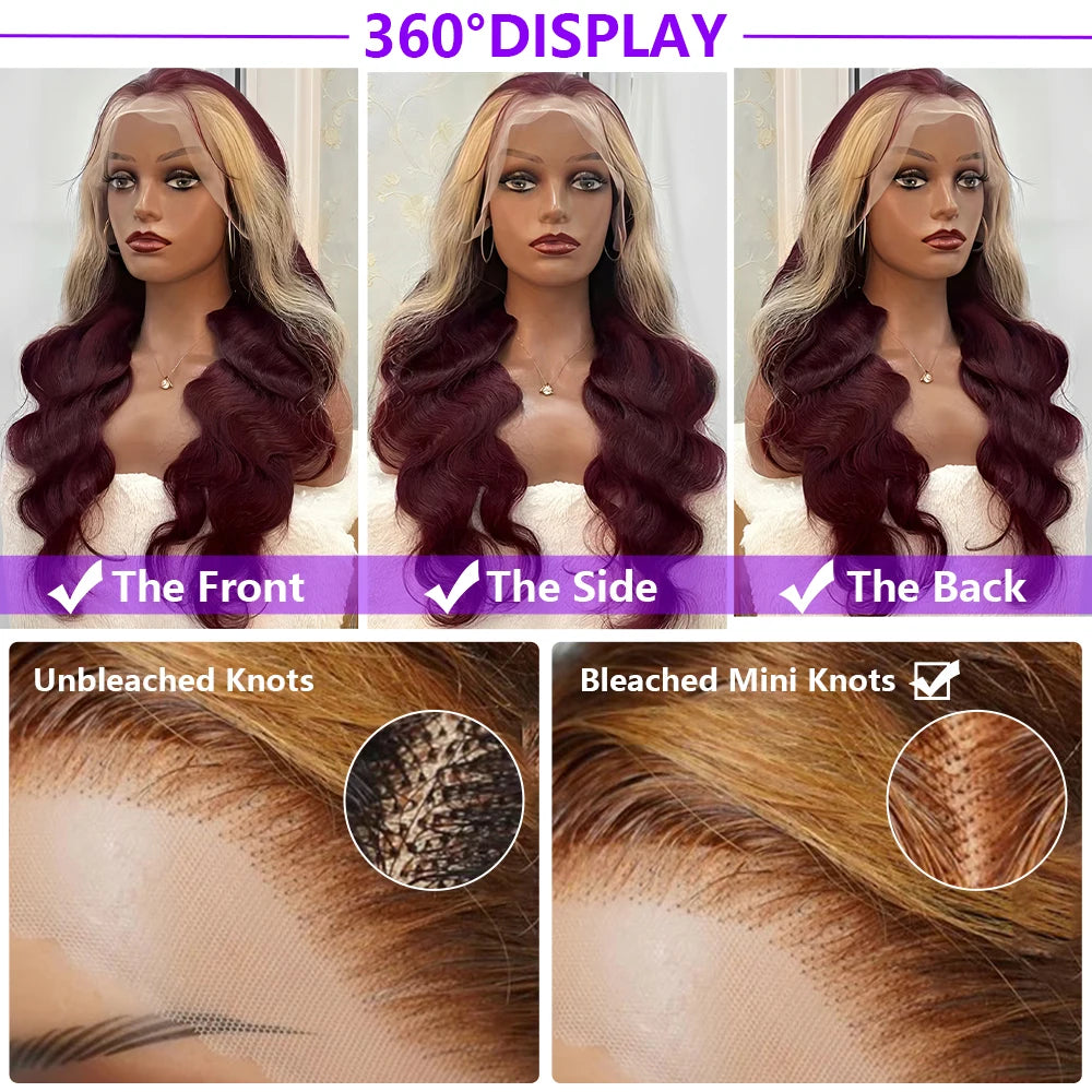 99J/613 Balayage Highlight Body Wave 13x4 Lace Front Brazilian Human Hair Wigs 30 Inch Ombre Burgundy Blonde Red Colored Wigs
