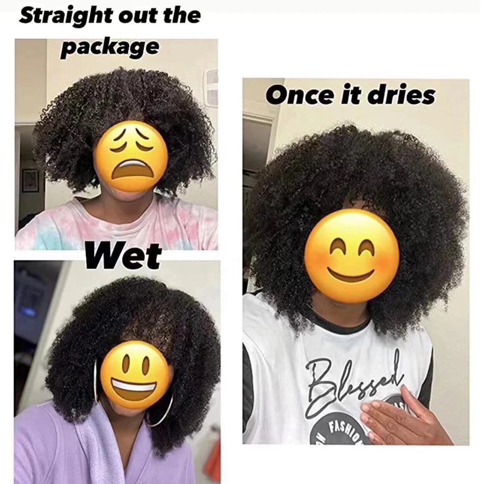 Short Afro Kinky Curly Wig with Bangs Human Hair Scalp Top Full Machine Made Wig Remy Brazilian Afro Curly Wig Fringe 200Density