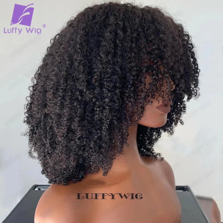 Short Afro Kinky Curly Wig with Bangs Human Hair Scalp Top Full Machine Made Wig Remy Brazilian Afro Curly Wig Fringe 200Density