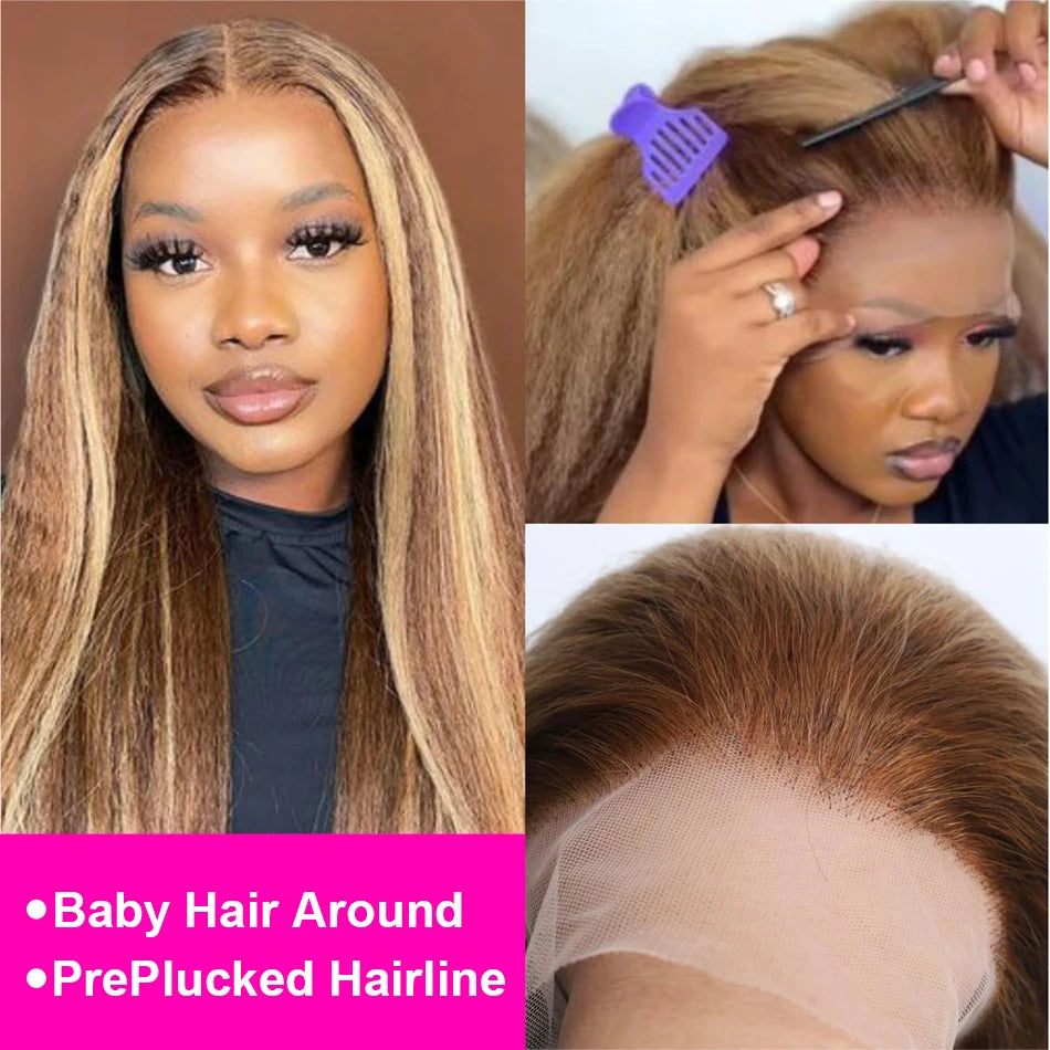 4/27 Highlight Kinky Straight 13x6 Lace Frontal Human Hair Wigs 200% Brown Blonde Piano Color 13x4 Front Wig PrePlucked Yaki Wig