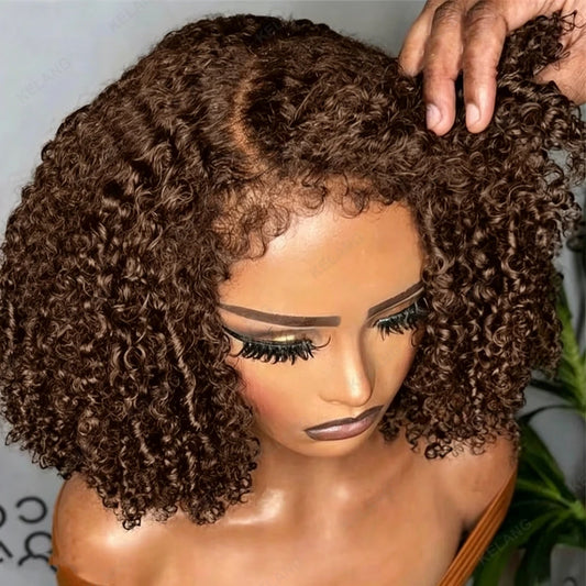 #4 Brown 13x6 Lace Front Human Hair Wigs Kinky Curly Wig Kinky Hairline With Yaki Kinky Edges Baby Hair PrePlucked 13x4 Lace Wig