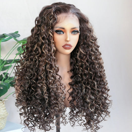 Kinky Curly Synthetic Wig 13x6 Lace Frontal Wig Highlight Brown 26" Synthetic Lace Wigs with Pre Plucked Baby Hair for Women