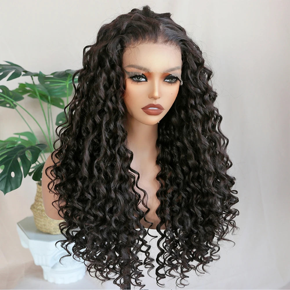 Kinky Curly Synthetic Wig 13x6 Lace Frontal Wig Highlight Brown 26" Synthetic Lace Wigs with Pre Plucked Baby Hair for Women