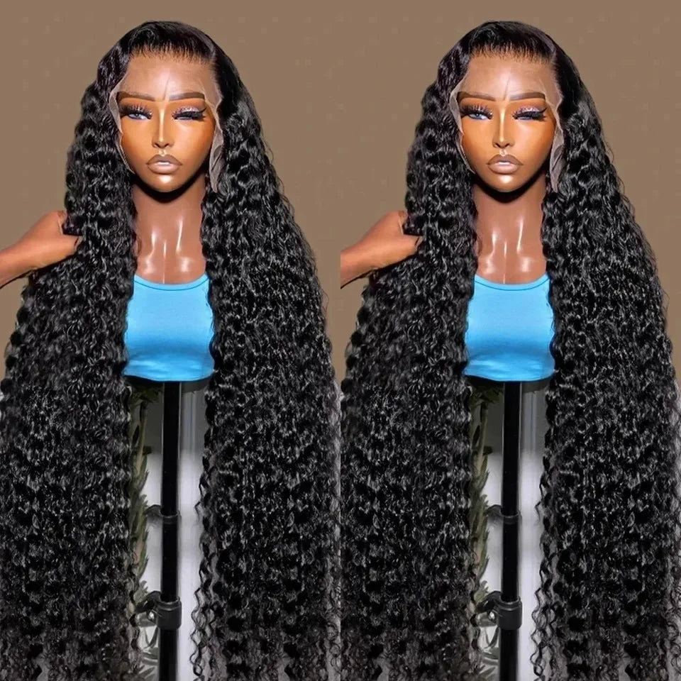 13x6 Deep Wave Lace Front Wig Brazilian Water Wave 200Density Curly HD Transparent Lace Frontal Human Hair Wig PrePlucked 38Inch