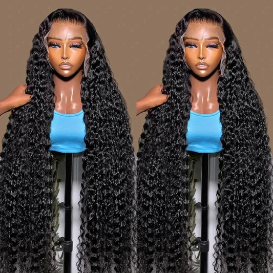 13x6 Deep Wave Lace Front Wig Brazilian Water Wave 200Density Curly HD Transparent Lace Frontal Human Hair Wig PrePlucked 38Inch