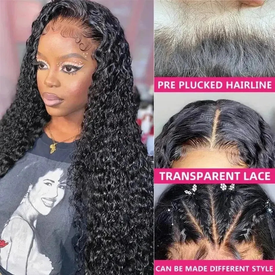 13x6 Deep Wave Lace Front Wig Brazilian Water Wave 200Density Curly HD Transparent Lace Frontal Human Hair Wig PrePlucked 38Inch