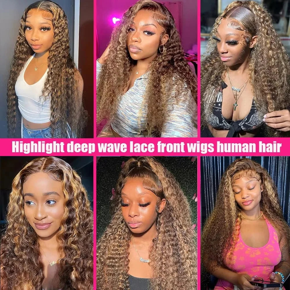 Highlight Ombre Human Hair Wigs P4/27 Honey Blonde 13x4 13x6 Deep Wave Lace Front Wigs Human Hair For Women Pre Plucked Colored