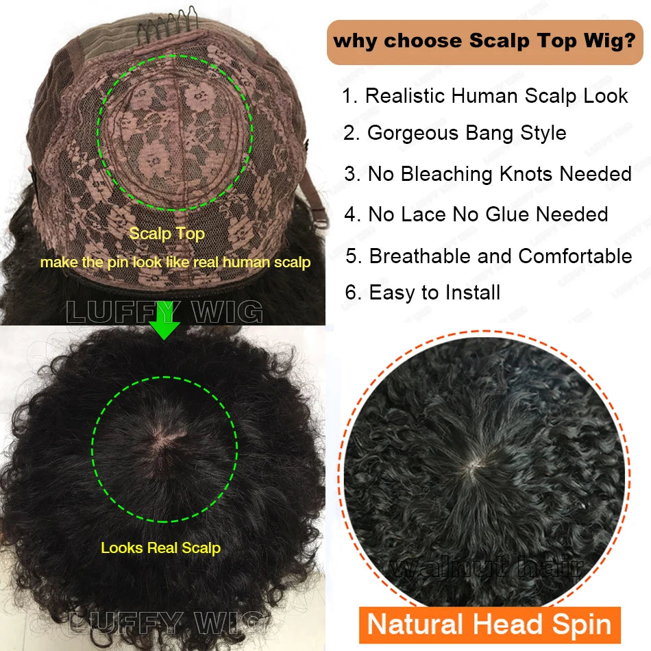 Short Afro Kinky Curly Wig with Bangs Human Hair Scalp Top Full Machine Made Wig Remy Brazilian Afro Curly Wig Fringe 200Density