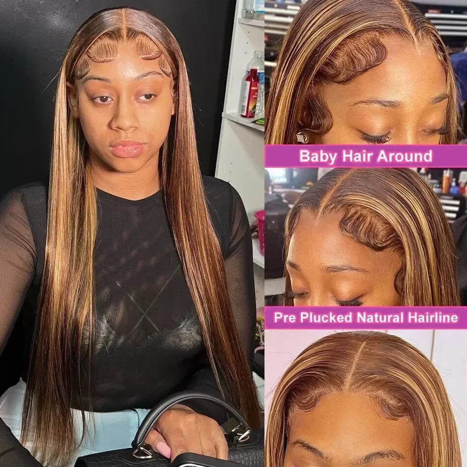 Ombre Highlight Brown Straight Lace Front Wig 13x4 Lace Frontal Human Hair Wigs For Women Pre Plucked Honey Blonde Colored Wigs