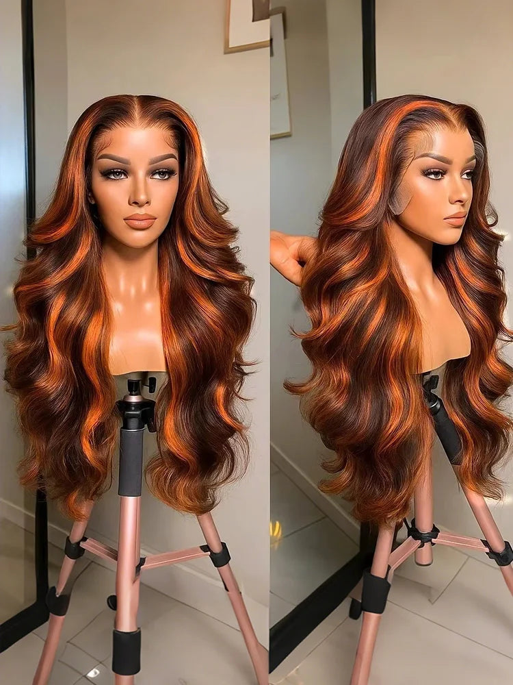 4/350 Highlight Ombre Body Wave Wigs 13x6 Lace Front Human Hair Wig Ginger Orange Brown Colored Water Wave 13x4 Lace Frontal Wig