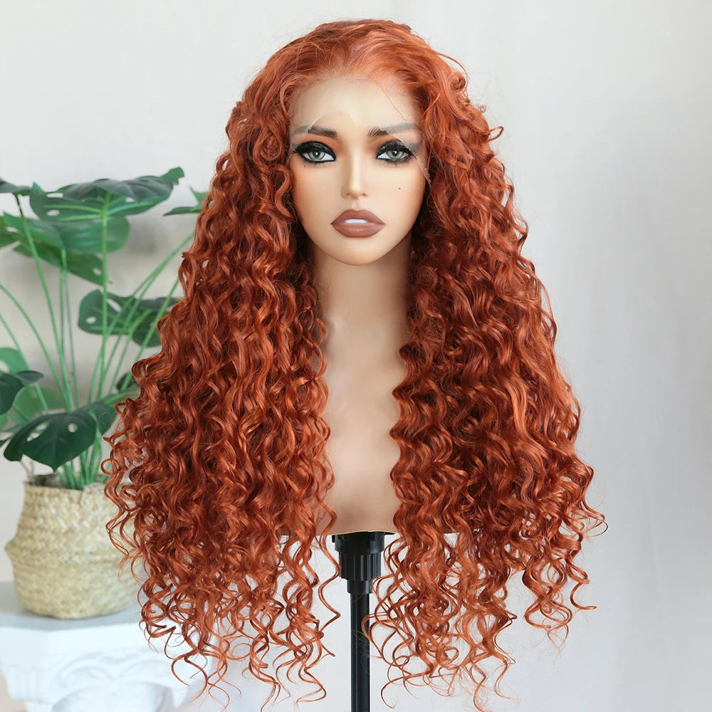 Kinky Curly Synthetic Wig 13x6 Lace Frontal Wig Highlight Brown 26" Synthetic Lace Wigs with Pre Plucked Baby Hair for Women