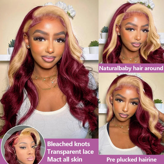99J/613 Balayage Highlight Body Wave 13x4 Lace Front Brazilian Human Hair Wigs 30 Inch Ombre Burgundy Blonde Red Colored Wigs