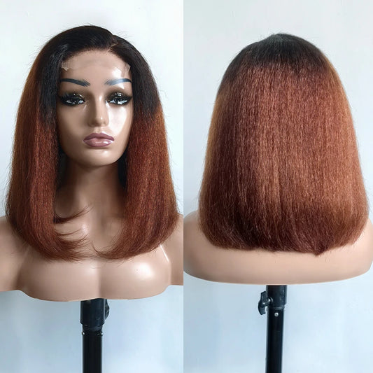 100% Vietnamese Human Hair Bob Yaki Straight 5x5 Lace Closure Wig 200% Density Ombre Brown Kinky Straight 13x6 HD Lace Front Wig