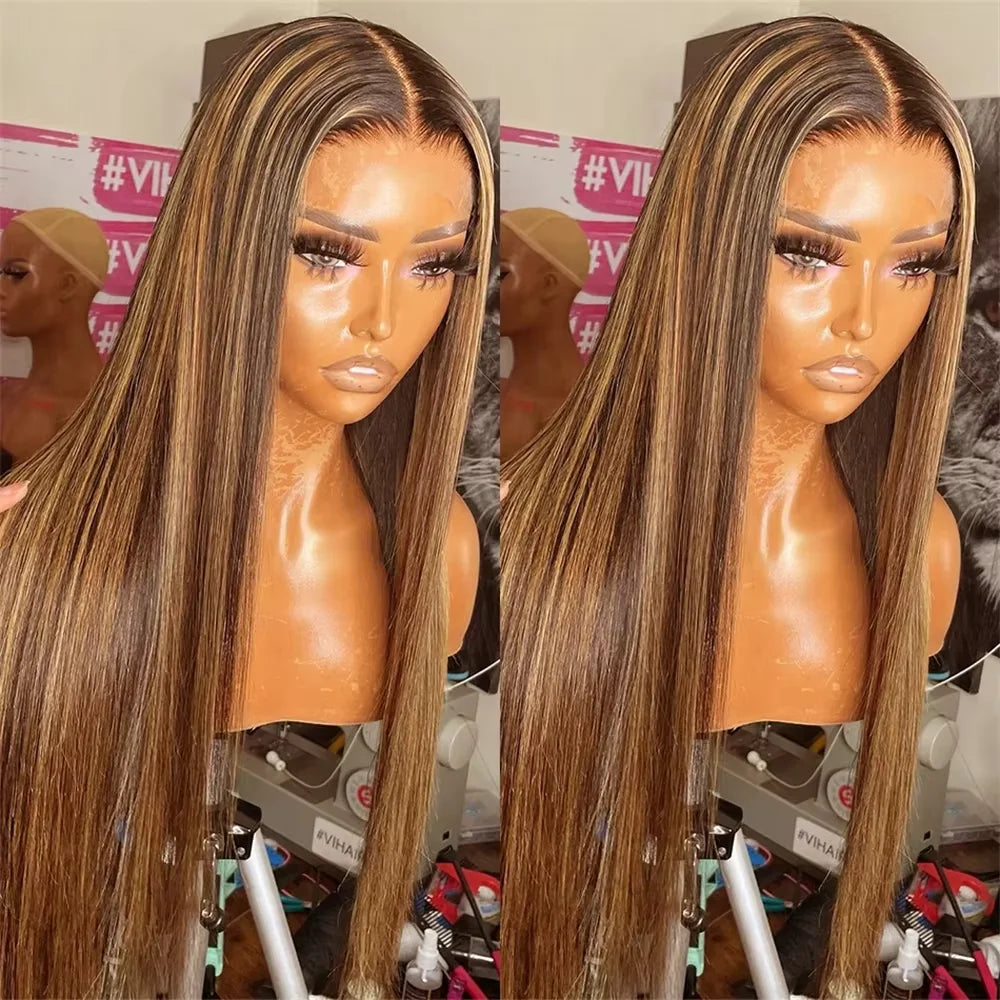 Ombre Highlight Brown Straight Lace Front Wig 13x4 Lace Frontal Human Hair Wigs For Women Pre Plucked Honey Blonde Colored Wigs