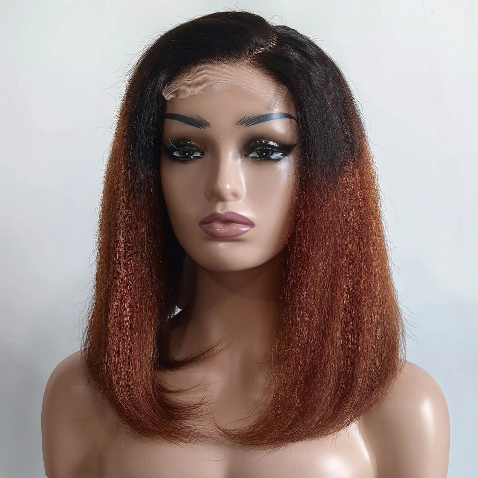 100% Vietnamese Human Hair Bob Yaki Straight 5x5 Lace Closure Wig 200% Density Ombre Brown Kinky Straight 13x6 HD Lace Front Wig