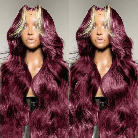 99J/613 Balayage Highlight Body Wave 13x4 Lace Front Brazilian Human Hair Wigs 30 Inch Ombre Burgundy Blonde Red Colored Wigs