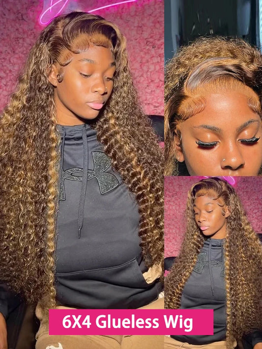 Wear And Go Glueless Wig Ombre Highlight Deep Water Wave 6x4 Hd Lace Glueless Pre Plucked Human Wigs Ready To Go Curly Wig 100%