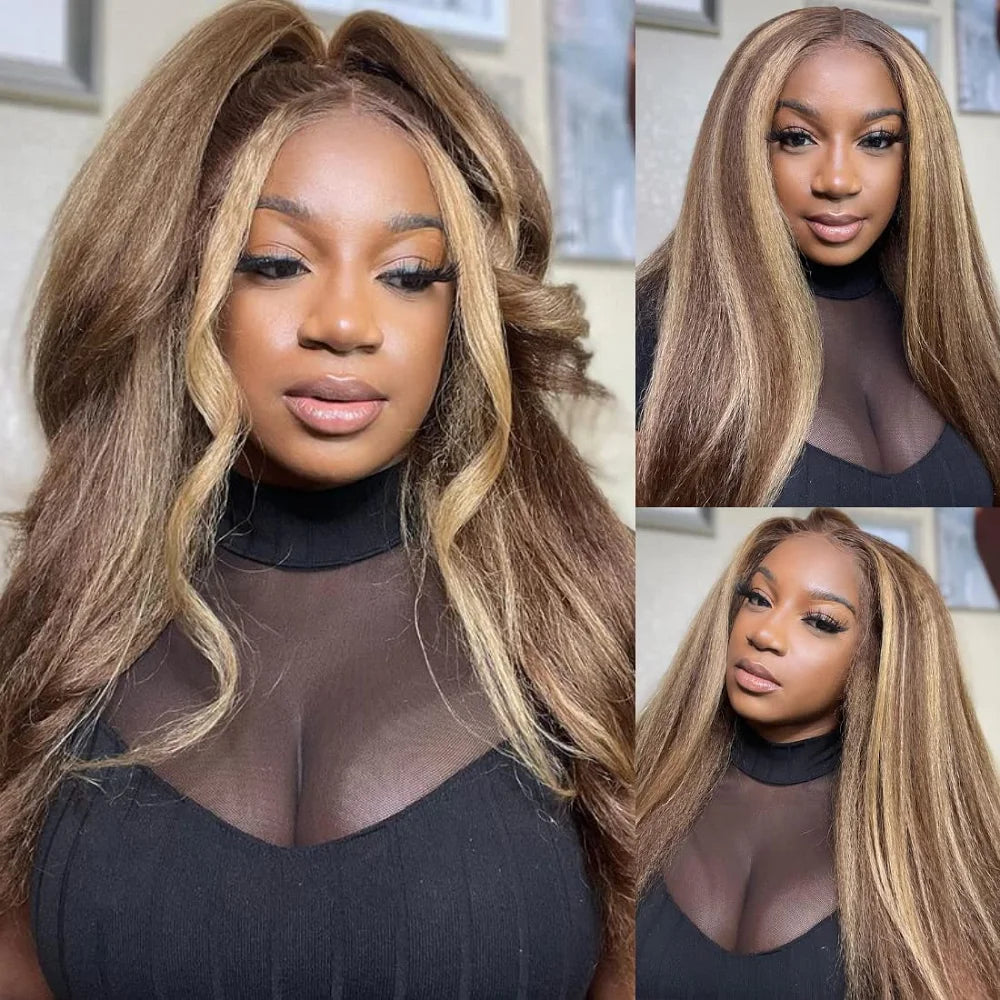 4/27 Highlight Kinky Straight 13x6 Lace Frontal Human Hair Wigs 200% Brown Blonde Piano Color 13x4 Front Wig PrePlucked Yaki Wig