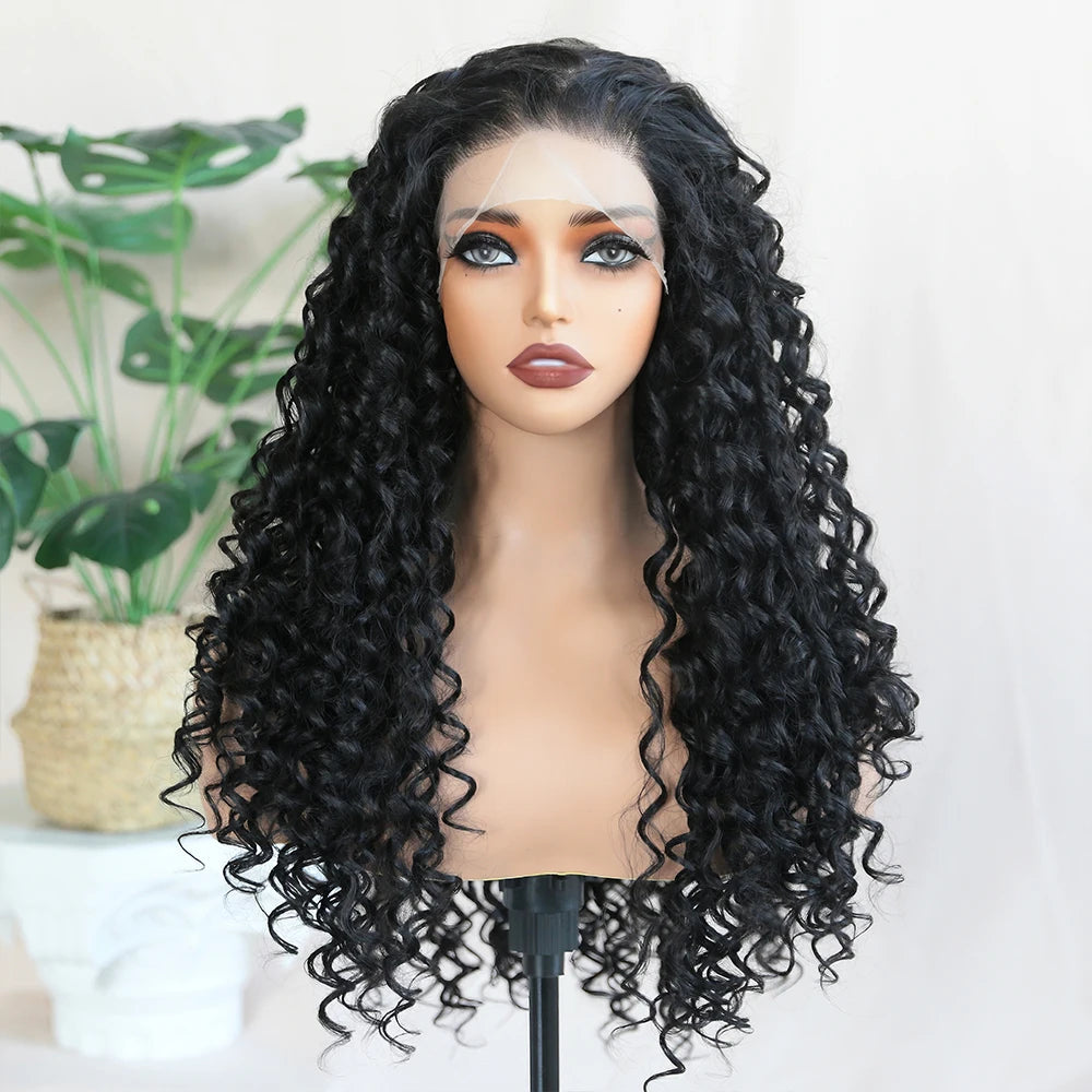 Kinky Curly Synthetic Wig 13x6 Lace Frontal Wig Highlight Brown 26" Synthetic Lace Wigs with Pre Plucked Baby Hair for Women