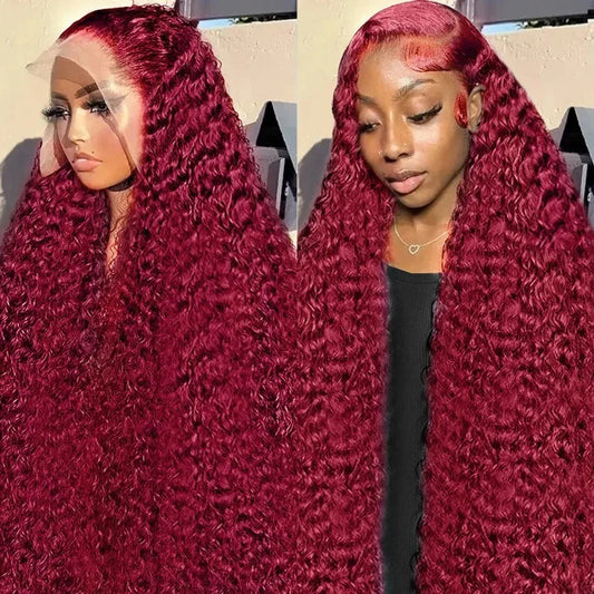 250% hd 99j Burgundy 13x6 Hd Lace Frontal Human Hair Wigs Transparent Colored Deep Wave Red Lace Front Wig 4x4 Closure Wig Women