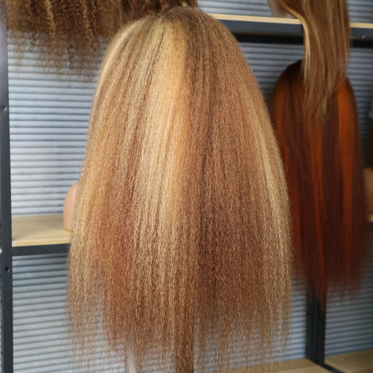 4/27 Highlight Kinky Straight 13x6 Lace Frontal Human Hair Wigs 200% Brown Blonde Piano Color 13x4 Front Wig PrePlucked Yaki Wig