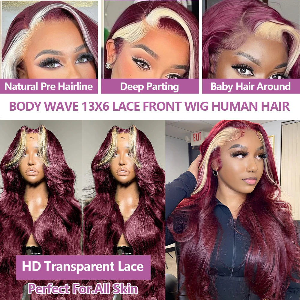 99J/613 Balayage Highlight Body Wave 13x4 Lace Front Brazilian Human Hair Wigs 30 Inch Ombre Burgundy Blonde Red Colored Wigs