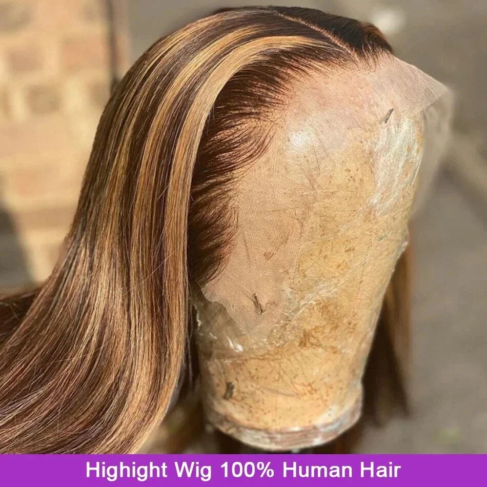 Ombre Highlight Brown Straight Lace Front Wig 13x4 Lace Frontal Human Hair Wigs For Women Pre Plucked Honey Blonde Colored Wigs