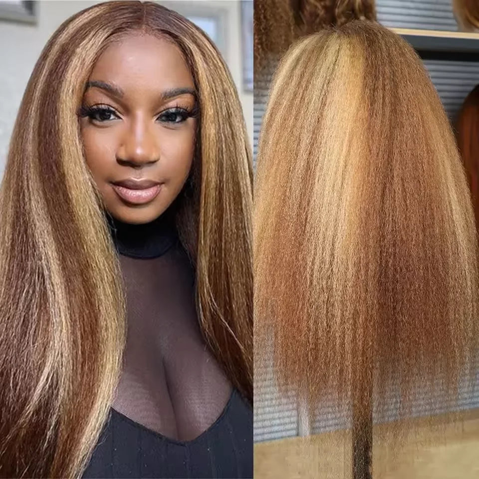 Highlight 4/27 Brown Blonde 13x6 Kinky Straight 200%Density Lace Front Human Hair Wigs Brazilian Yaki Straight Pre Plucked Wigs
