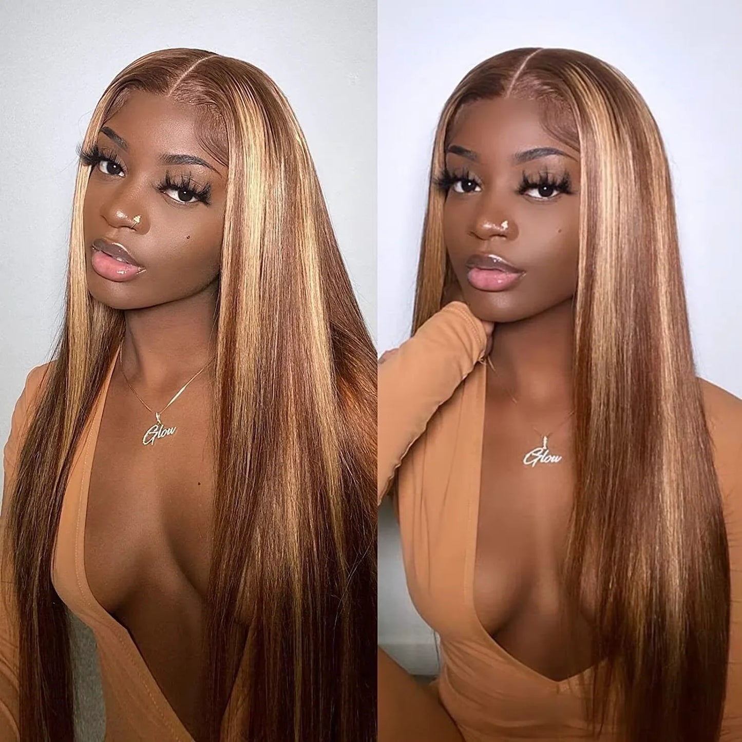 Ombre Highlight Brown Straight Lace Front Wig 13x4 Lace Frontal Human Hair Wigs For Women Pre Plucked Honey Blonde Colored Wigs