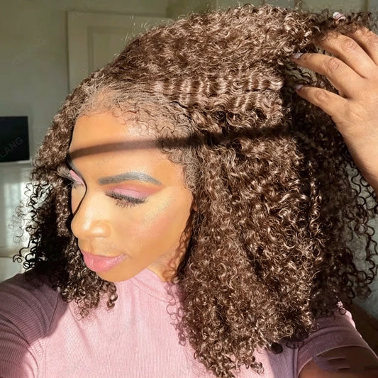 #4 Brown 13x6 Lace Front Human Hair Wigs Kinky Curly Wig Kinky Hairline With Yaki Kinky Edges Baby Hair PrePlucked 13x4 Lace Wig