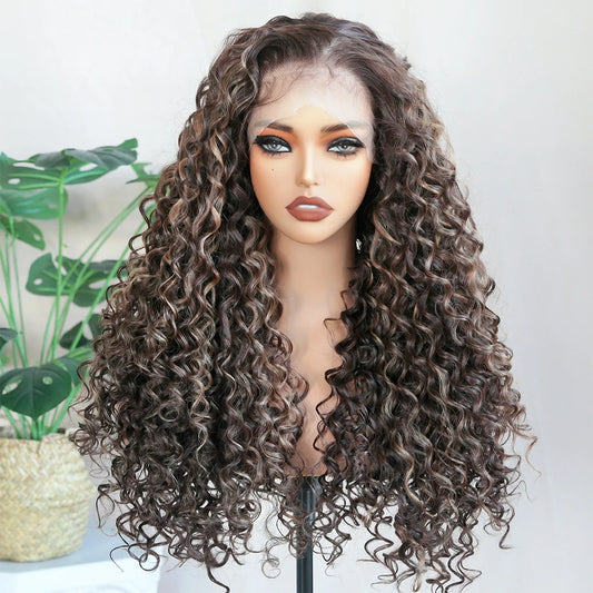 Kinky Curly Synthetic Wig 13x6 Lace Frontal Wig Highlight Brown 26" Synthetic Lace Wigs with Pre Plucked Baby Hair for Women