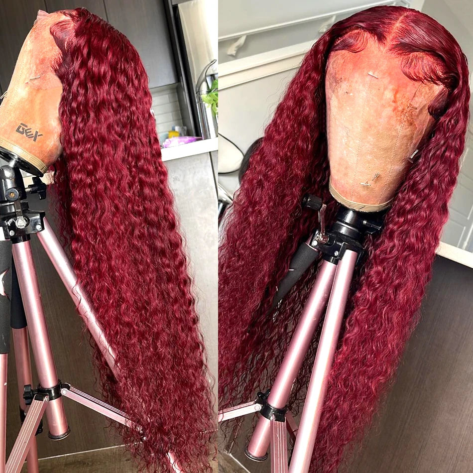 250% hd 99j Burgundy 13x6 Hd Lace Frontal Human Hair Wigs Transparent Colored Deep Wave Red Lace Front Wig 4x4 Closure Wig Women