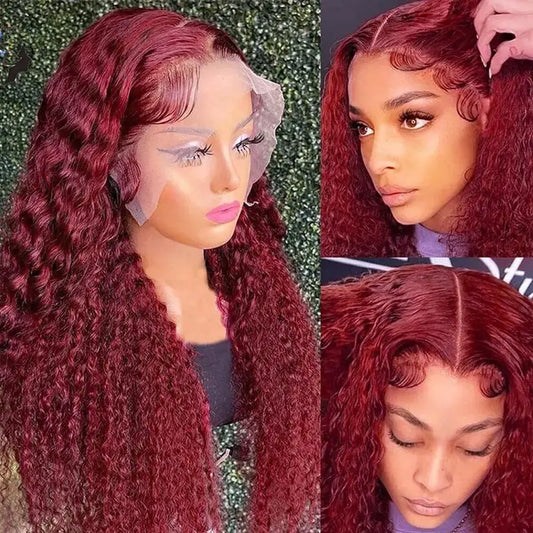 250% hd 99j Burgundy 13x6 Hd Lace Frontal Human Hair Wigs Transparent Colored Deep Wave Red Lace Front Wig 4x4 Closure Wig Women