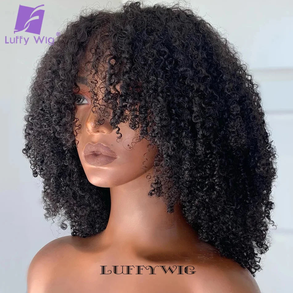 Short Afro Kinky Curly Wig with Bangs Human Hair Scalp Top Full Machine Made Wig Remy Brazilian Afro Curly Wig Fringe 200Density
