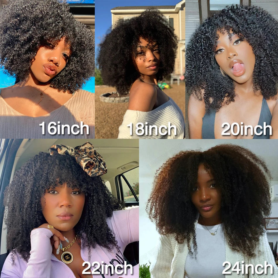 Short Afro Kinky Curly Wig with Bangs Human Hair Scalp Top Full Machine Made Wig Remy Brazilian Afro Curly Wig Fringe 200Density