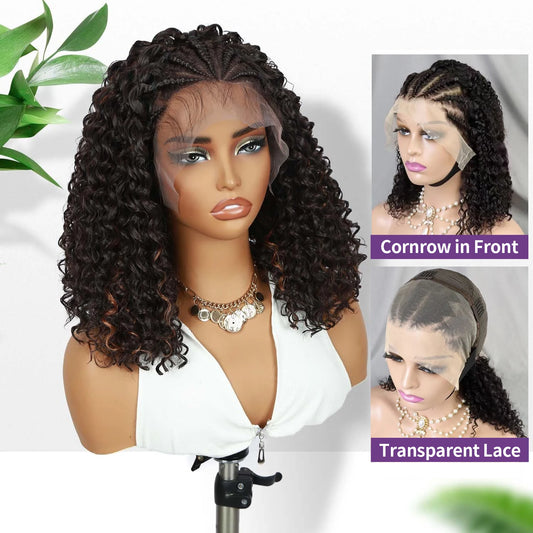 Cornrow Braid Bob Wig Deep Curly Brazilian Human Hair Knotless 13x4 Full Lace Wigs Pre Braided Boho Box Braids Wig For Women