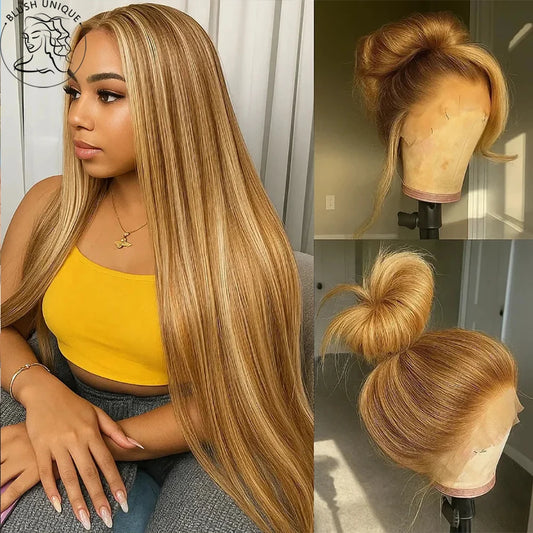 30Inch Ombre Highlight Lace Front Wigs 13x6 Straight Lace Front Wigs Transparent Pre Plucked Glueless Honey Blonde Wig for Women