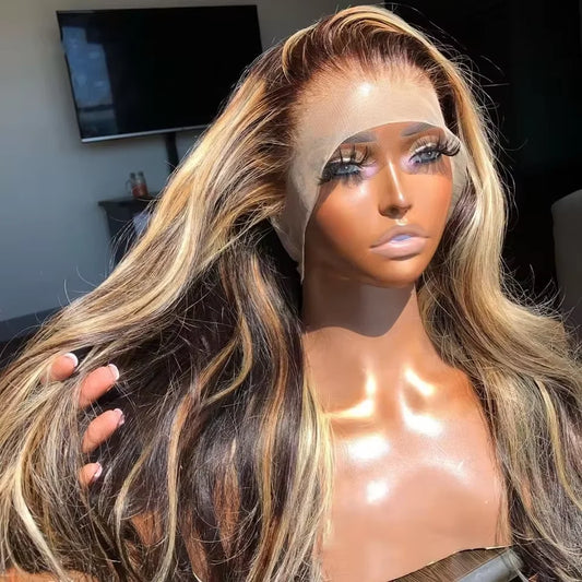 4/27 Highlight Body Wave Wig Human Hair Brazilian 30 32 Inch Colored Ombre Blonde 13x6 HD Transparent Lace Frontal Wig For Women