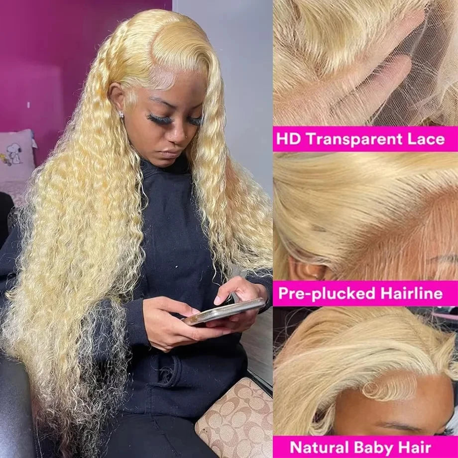13x6 HD Lace Frontal Wig 613 Blonde Deep Wave 13x4 Transparent Lace Curly Human Hair Wigs Blonde Water Wave Wig for Women