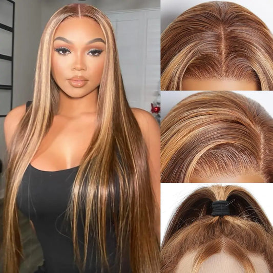 30Inch Ombre Highlight Lace Front Wigs 13x6 Straight Lace Front Wigs Transparent Pre Plucked Glueless Honey Blonde Wig for Women